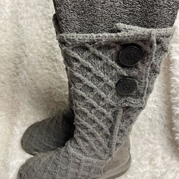 UGG AUSTRALIA Lattice Cardy Genuine Sheepskin Knit Tall Gray Boots big girl SZ4 - Picture 12 of 12